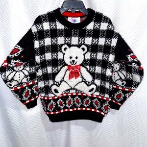 Vintage Black/Red/White Knit Teddy bear sweater Heartworks medium kids 5/6